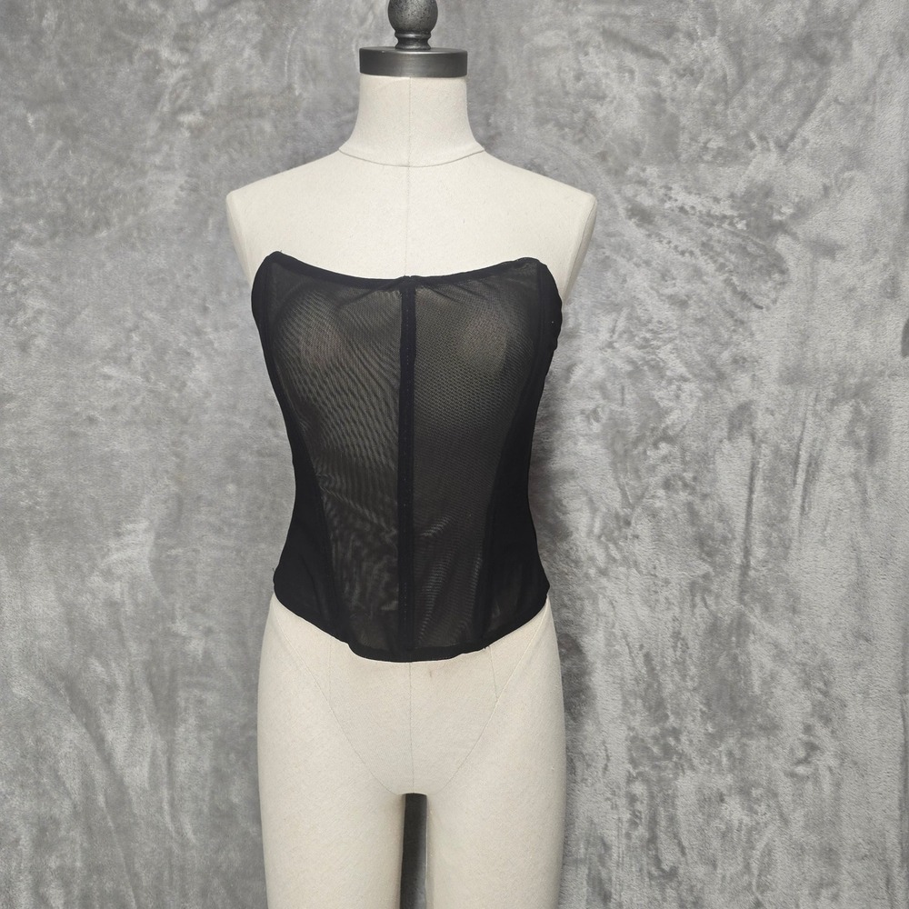 Princess Polly Black Mesh Strapless Corset Top‎ Bustier Sz 8 Zipper Back Boned